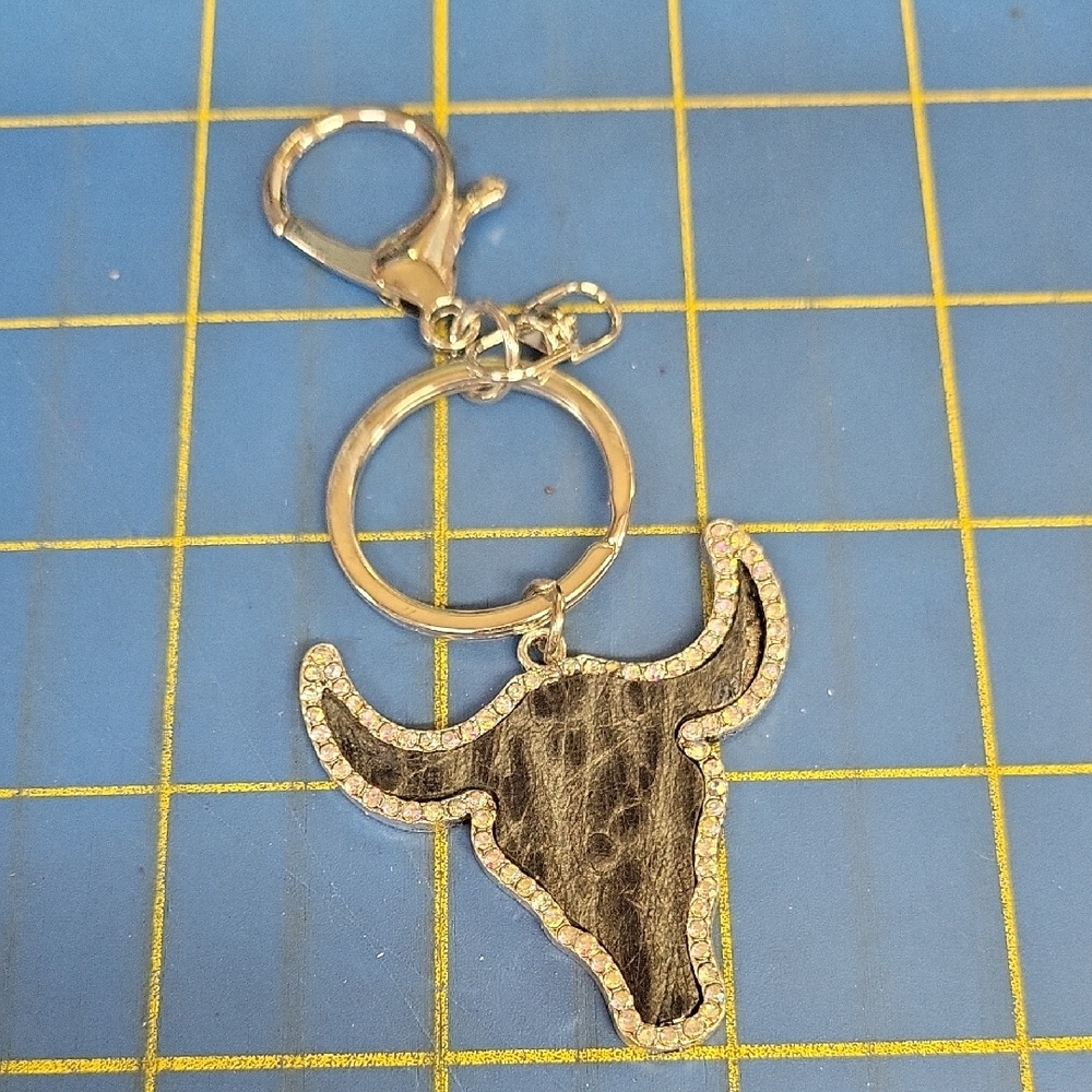 Rhinestone Trim Longhorn 2" Purse Charm Keychain - Black & Silver